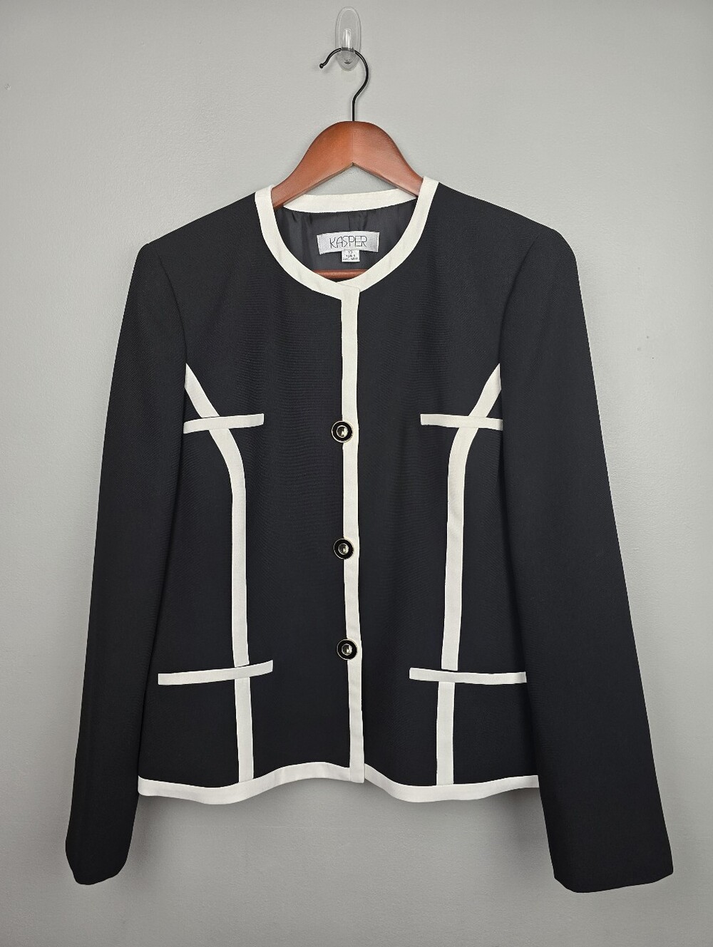 Kasper Old Money Button Up Blazer Black White Womens Size 10 Classy Chic Office